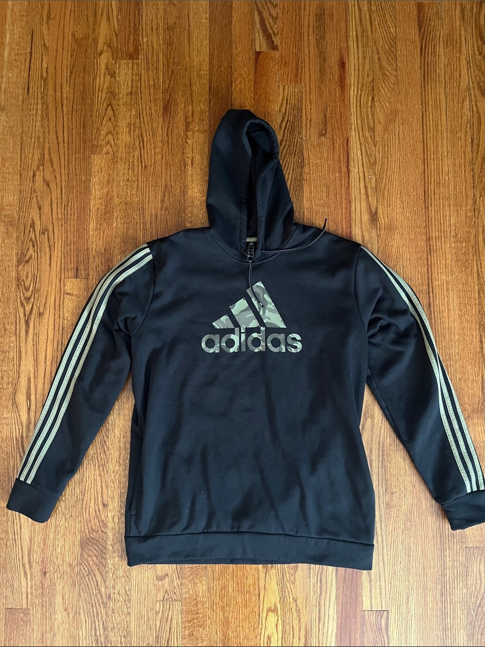 adidas Black Hoodie with Olive Logo and Stripe Accents